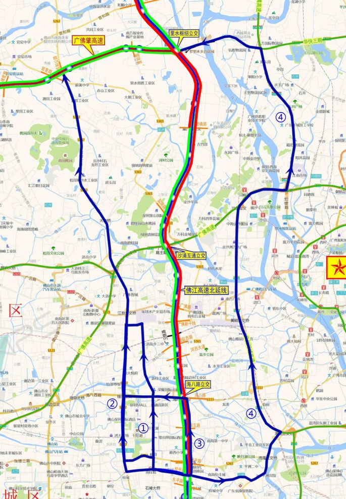 (1)桂平路→桂澜路→联河路→广佛新干线→桂和路→北行.